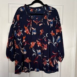 a.n.a Navy and Orange Floral Blouse